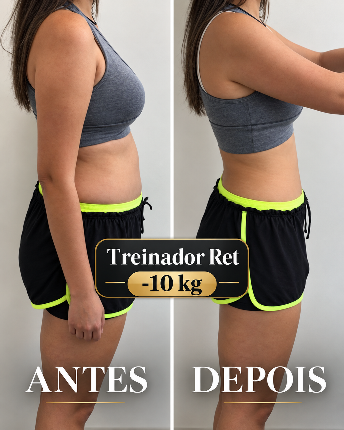 Antes e depois de aluna, resultado apresentado de menos 10 kg