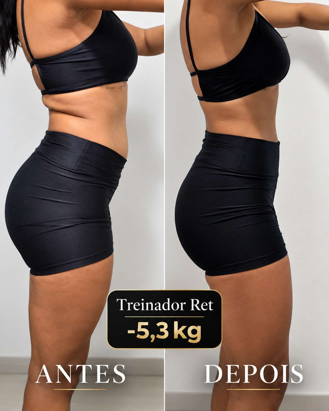 Antes e depois de aluna, resultado apresentado de menos 5,3 kg